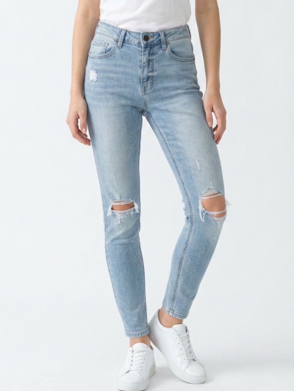 Eunina • Bella Super High Rise Skinny Ankle Jeans Distressed Light Wash Size 9